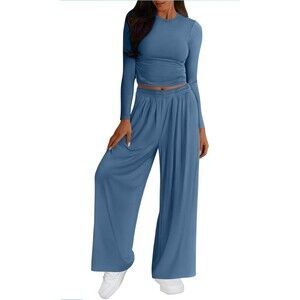 KIRUNDO Women 2 Piece Loungewear Set Lightweight Soft Long Sleeve Crop Top Wide